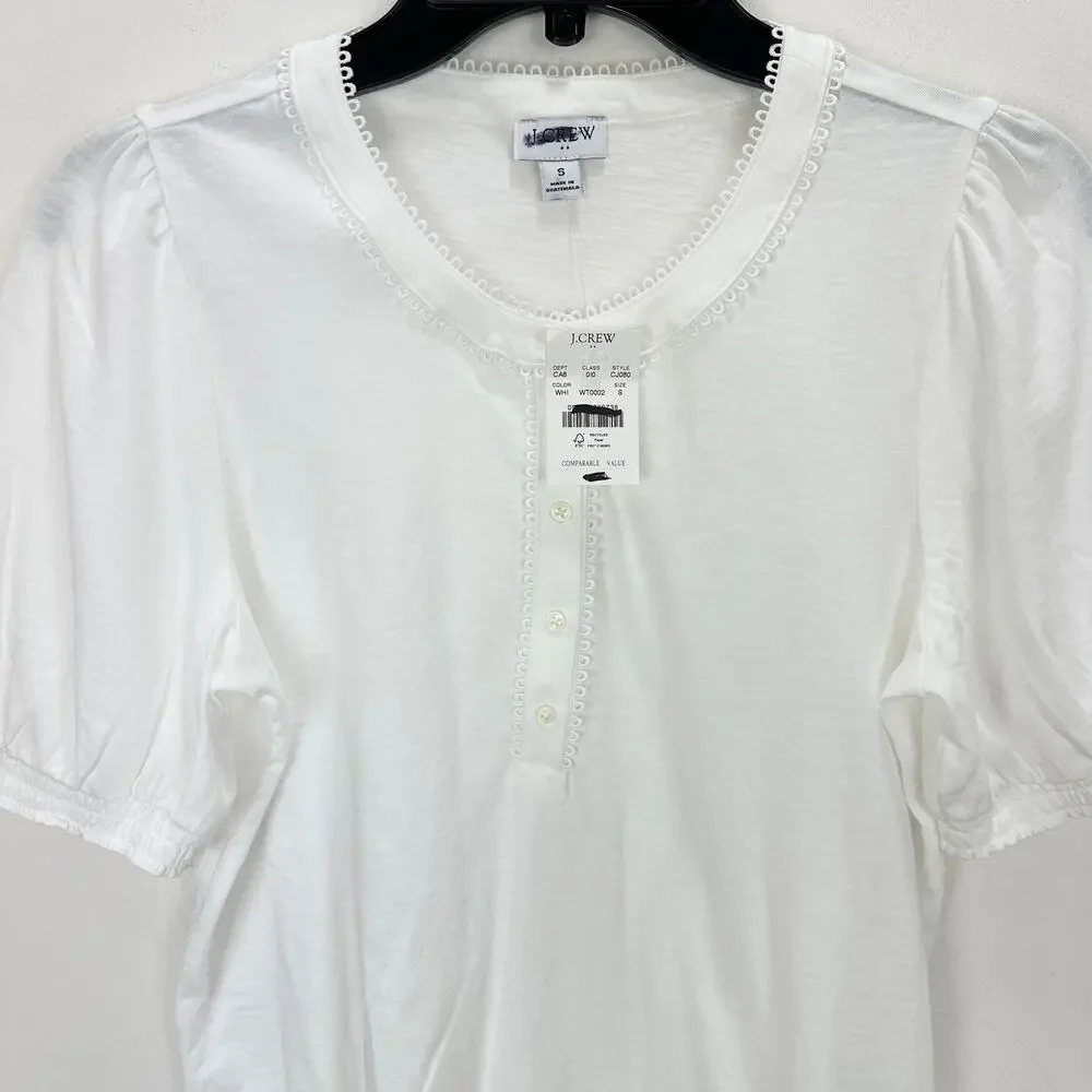J.Crew Smocked Henley Knit Top Short Puff Sleeve Cotton Cottage White Small NWT